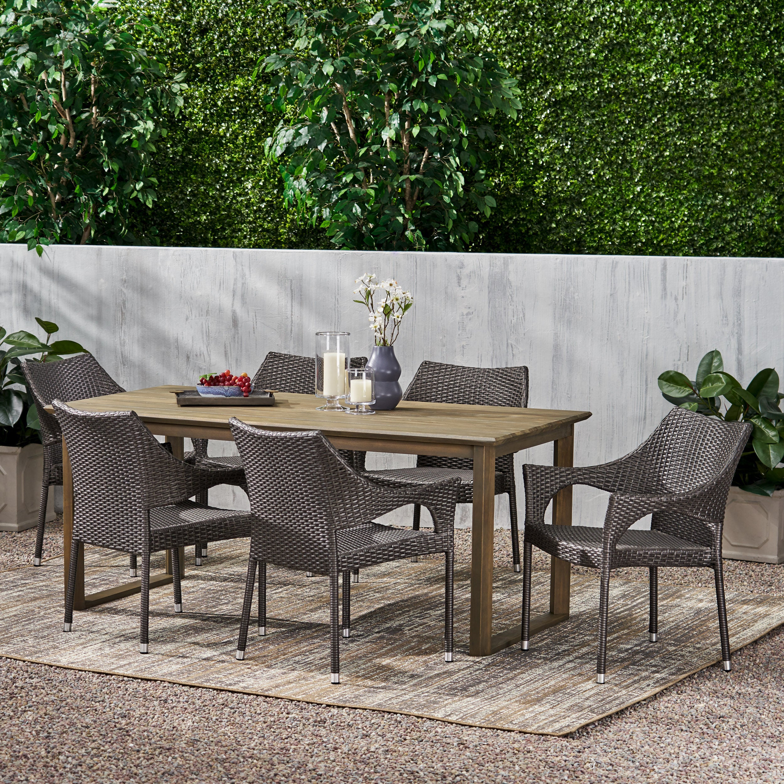 Ellendale Outdoor Acacia Wood and Wicker 7 Piece Dining Set