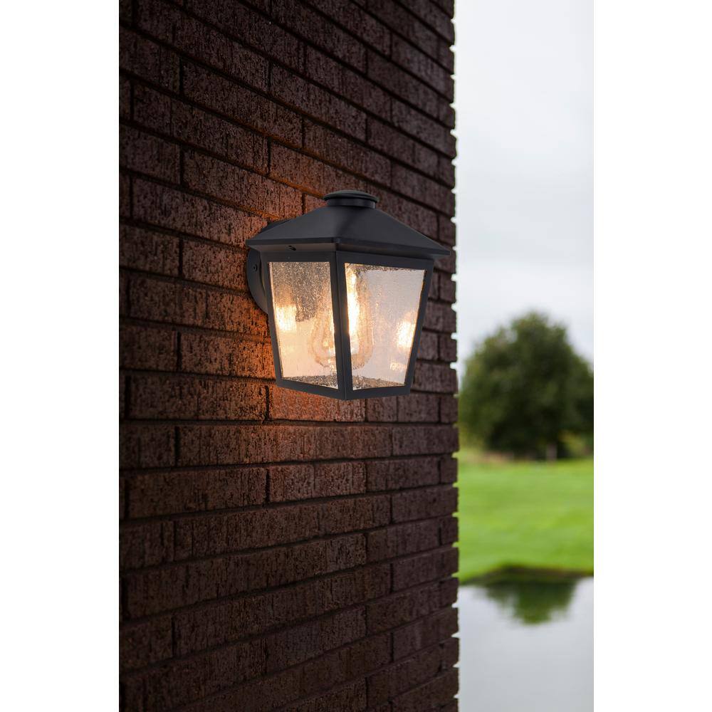 Hampton Bay Malena 1-Light Black Hardwired Outdoor Wall Lantern Sconce with Clear Seeded Glass 5294503012