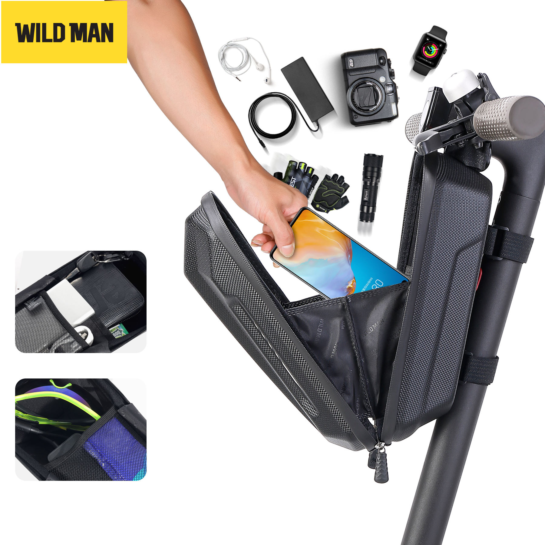 WILD MAN Scooter WILD MAN GD9 Storage Bag Scooter Front Hanging Bag Waterproof Scooters Handlebar EVA Hard Shell Bike Bag(2L)