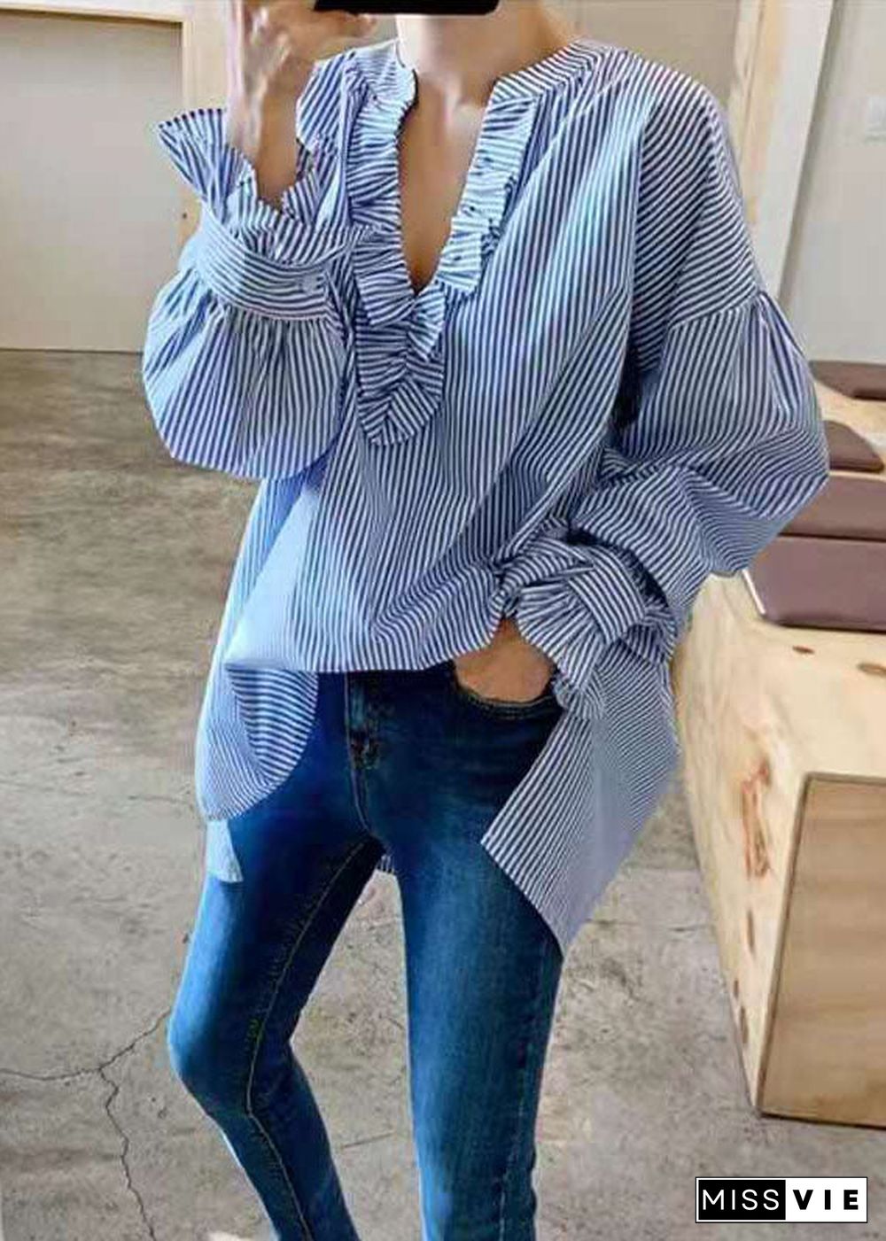 Simple Blue Ruffled Striped Oversized Cotton Shirt Spring