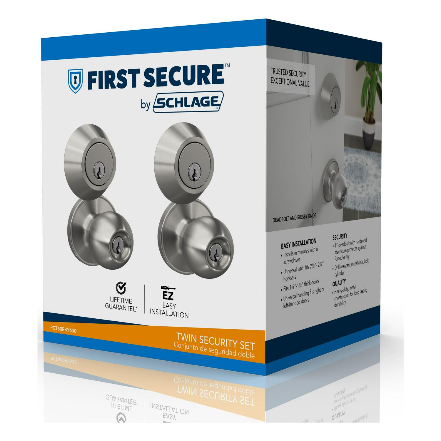 First Secure by Schlage Single Cylinder Door Deadbolt Lock and Keyed Entry Rigsby Door Knob Lock  Twin Pack in Satin Stainless Steel for Exterior Doors