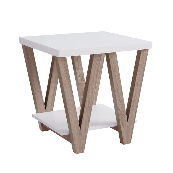 47， 22 Inch Coffee Table with End Table， Bottom Shelf， V Legs， White， Taupe