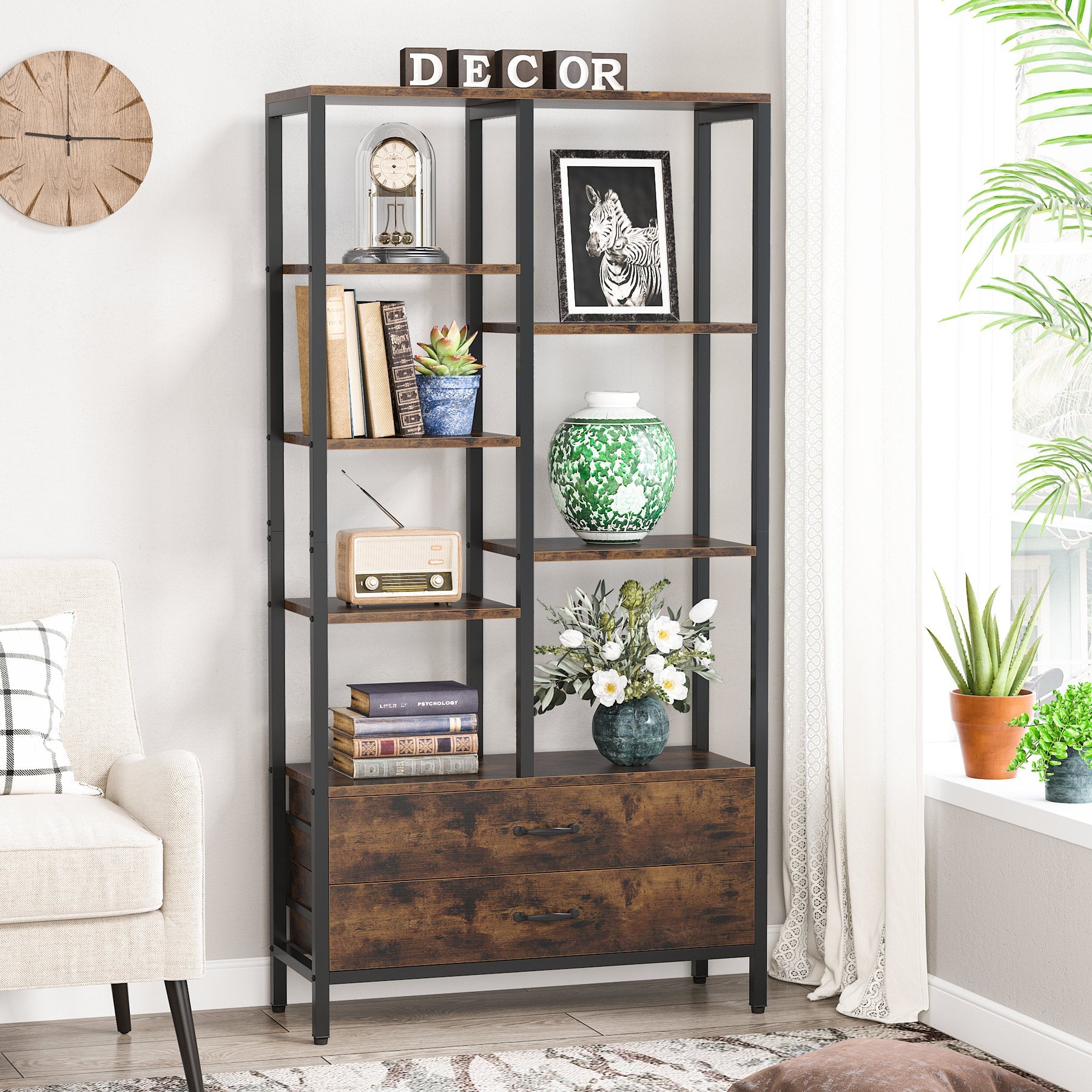 67 Bookshelf, Freestanding Etagere Bookcase with 2 Drawers & Shelves