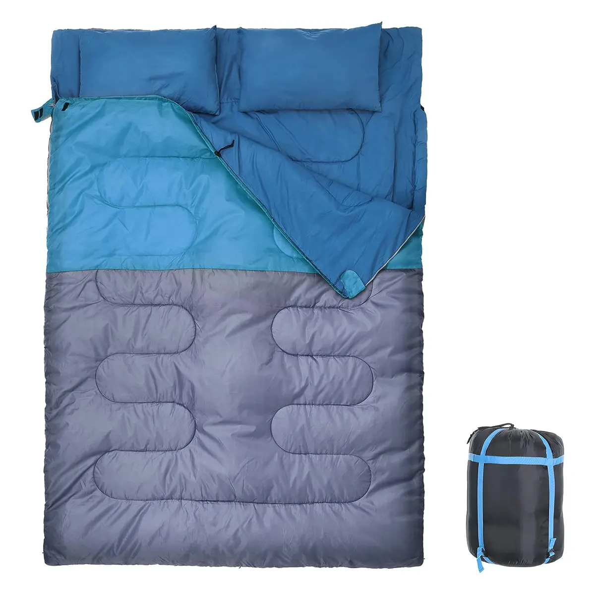 Customizable outdoor waterproof double sleeping bag with 2 pillows for camping hiking adults and children 2 person