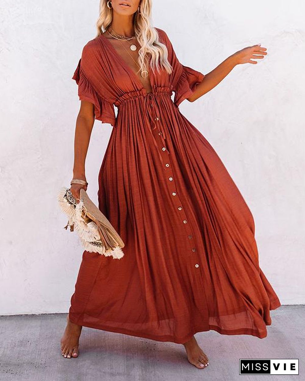 Women Long Maxi Dress Solid V neck Ladies Holiday Dress