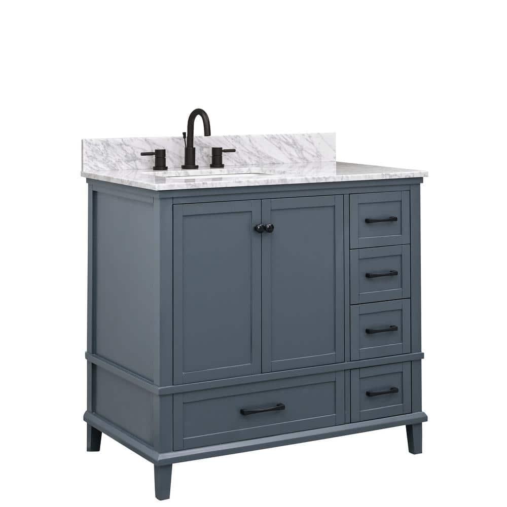 Home Decorators Collection Merryfield 37 in W x 22 in D x 35 in H Bathroom Vanity in Dark Gray with Carrara White Marble Top