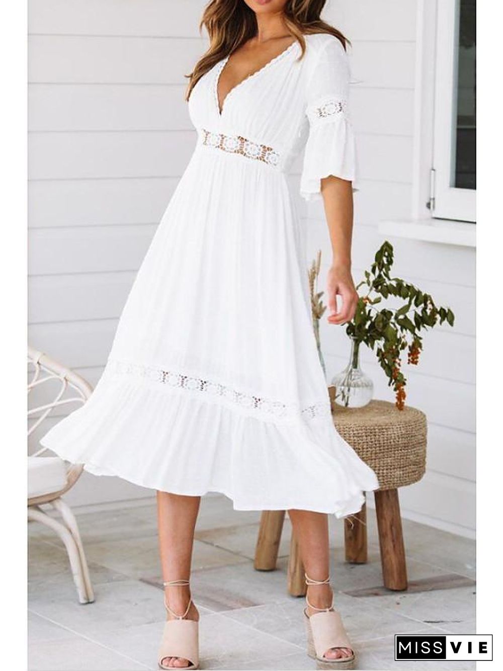 Women's Swing Dress Midi Dress - Half Sleeve Solid Colored Summer Spring & Summer V Neck Hot Beach vacation dresses Flare Cuff Sleeve White S M L XL / Sexy