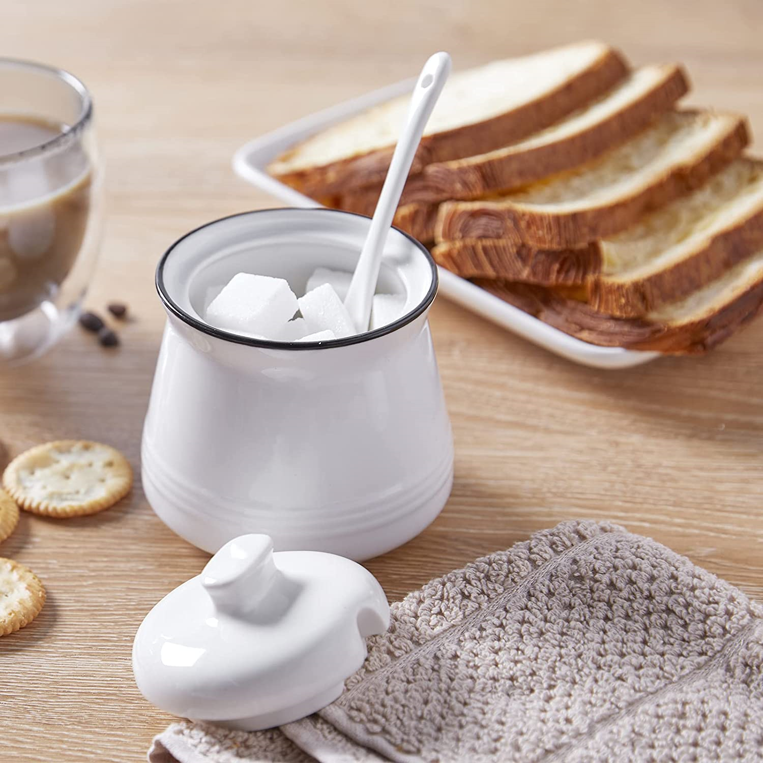 Farmhouse Sugar Bowl with Lid and Spoon， 12 oz Ceramic Sugar Bowl with