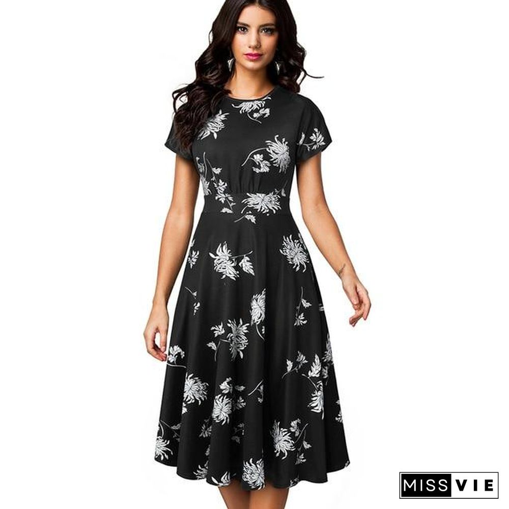 Women Vintage Elegant Floral Print Pleated Round neck A-Line Pinup Party Dress Black Dresses