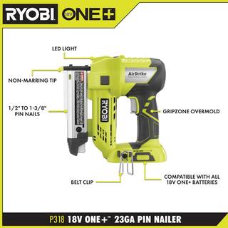 RYOBI ONE+ 18V Cordless AirStrike 23-Gauge 1-38 in. Headless Pin Nailer (Tool Only) P318