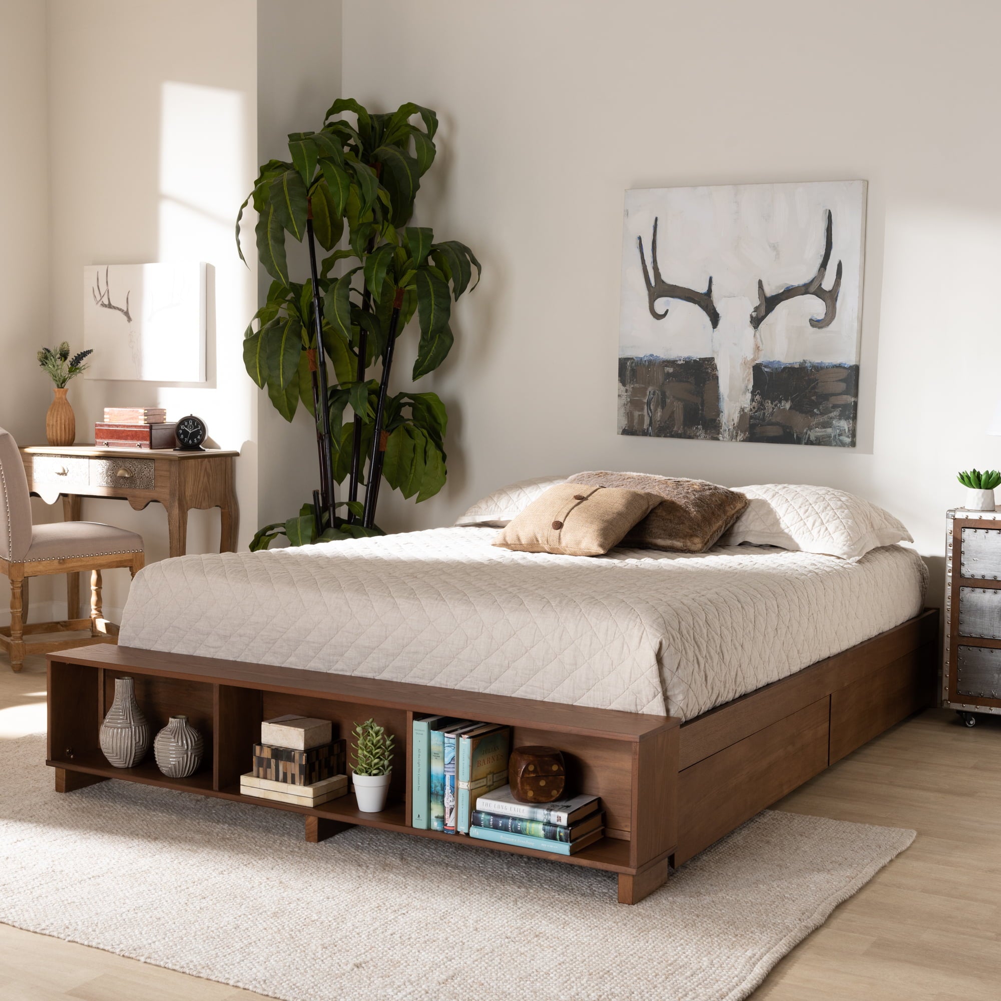 Baxton Studio Arthur Modern Rustic Ash Walnut Brown Finished Wood Full Size Platform Bed with Built-In Shelves