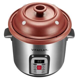 VITACLAY 6 Qt.Electric Organic Clay Soup Broth Cooker Quick-Slow Cooker Steamer and Yogurt Maker in Stainless Steel Housing VM7800-5C