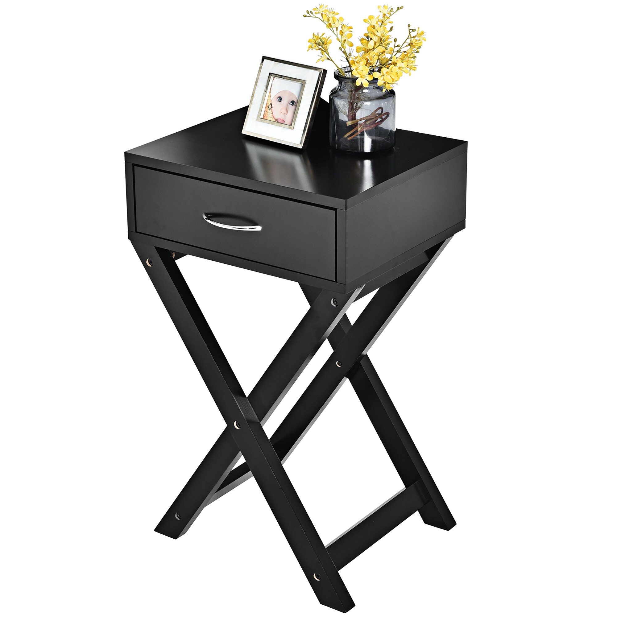 X Shaped Nightstand Modern Accent Sofa Side Table with Drawer