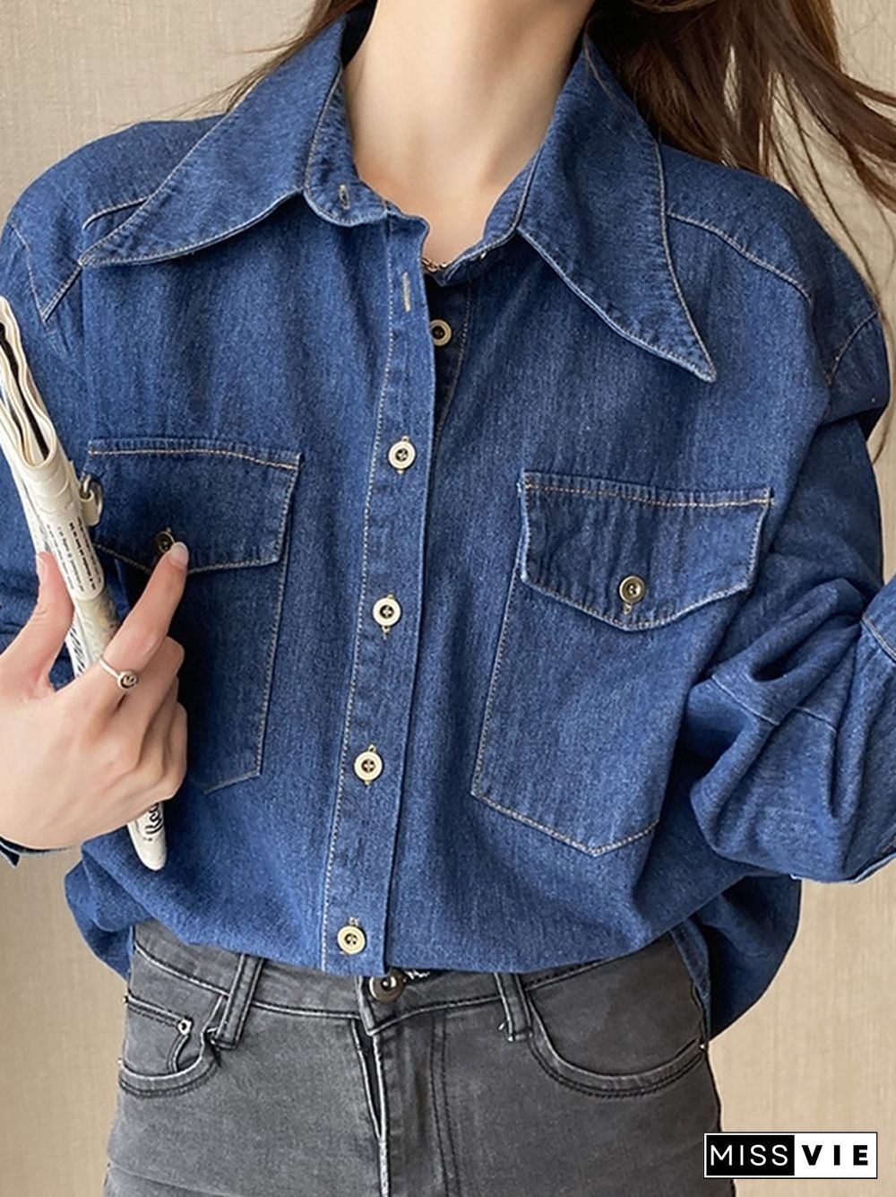 Wash Dual Pocket Denim Blouses&Shirts