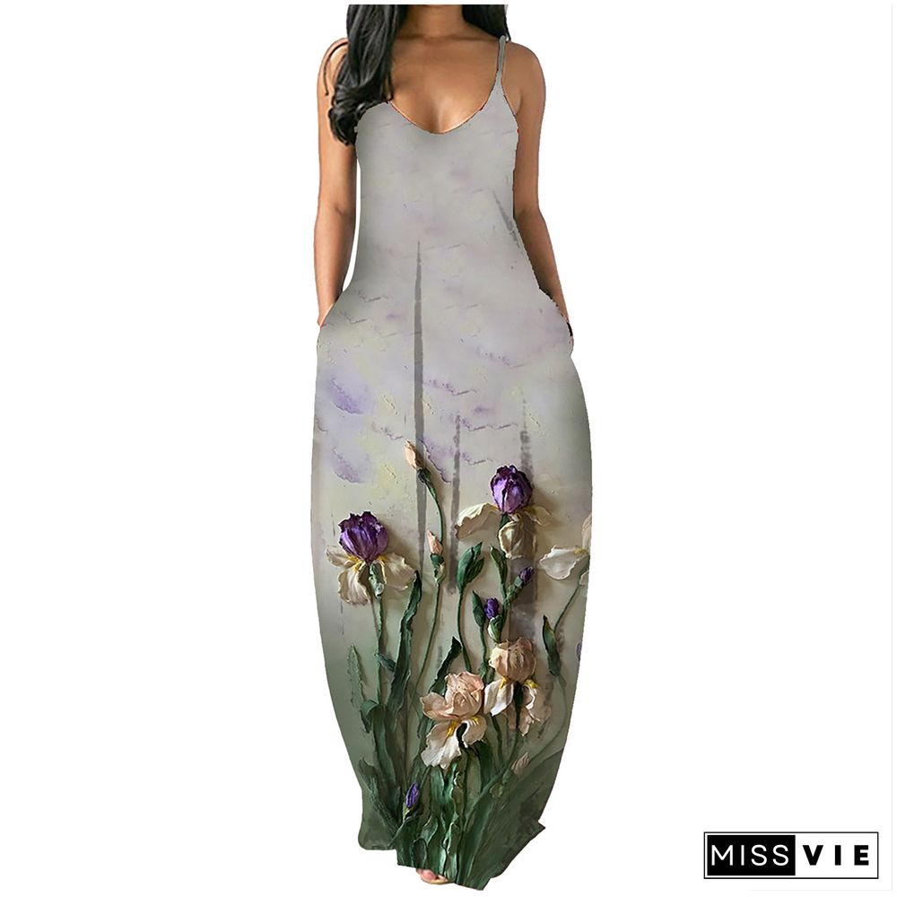 Women Summer Sexy Floral Print Pockets Spaghetti Strap V-Neck Loose Club Party Long Maxi Dresses