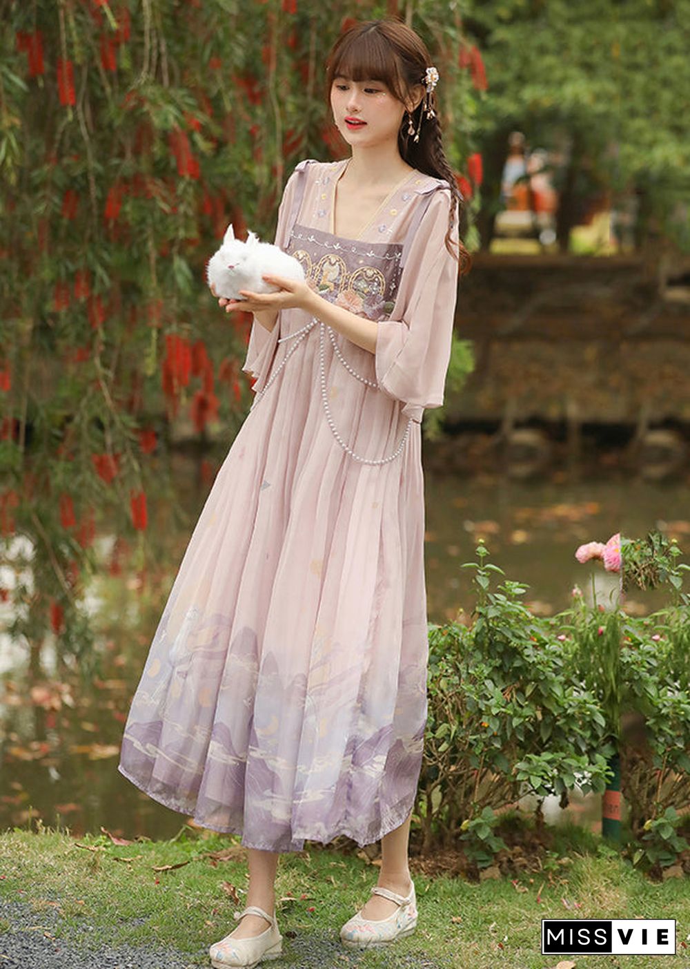 Cute Pink Embroideried Wrinkled Patchwork Chiffon Dress Half Sleeve