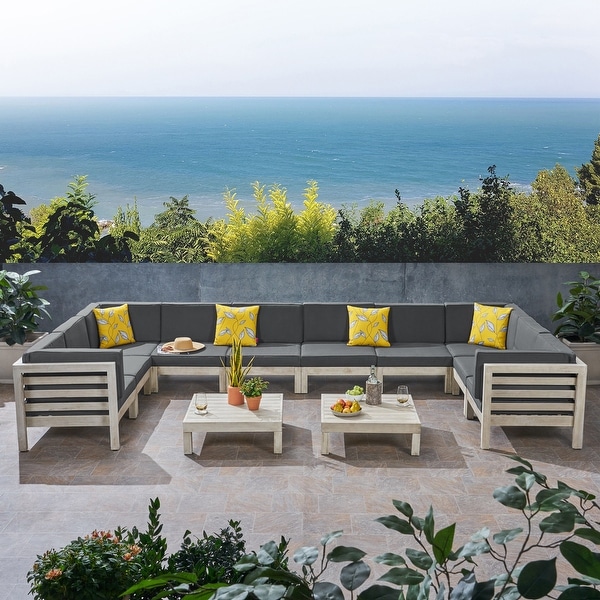 Oana Outdoor 10Seater UShaped Acacia Wood Sectional Sofa Set with Coffee Tables by Christopher Knight Home