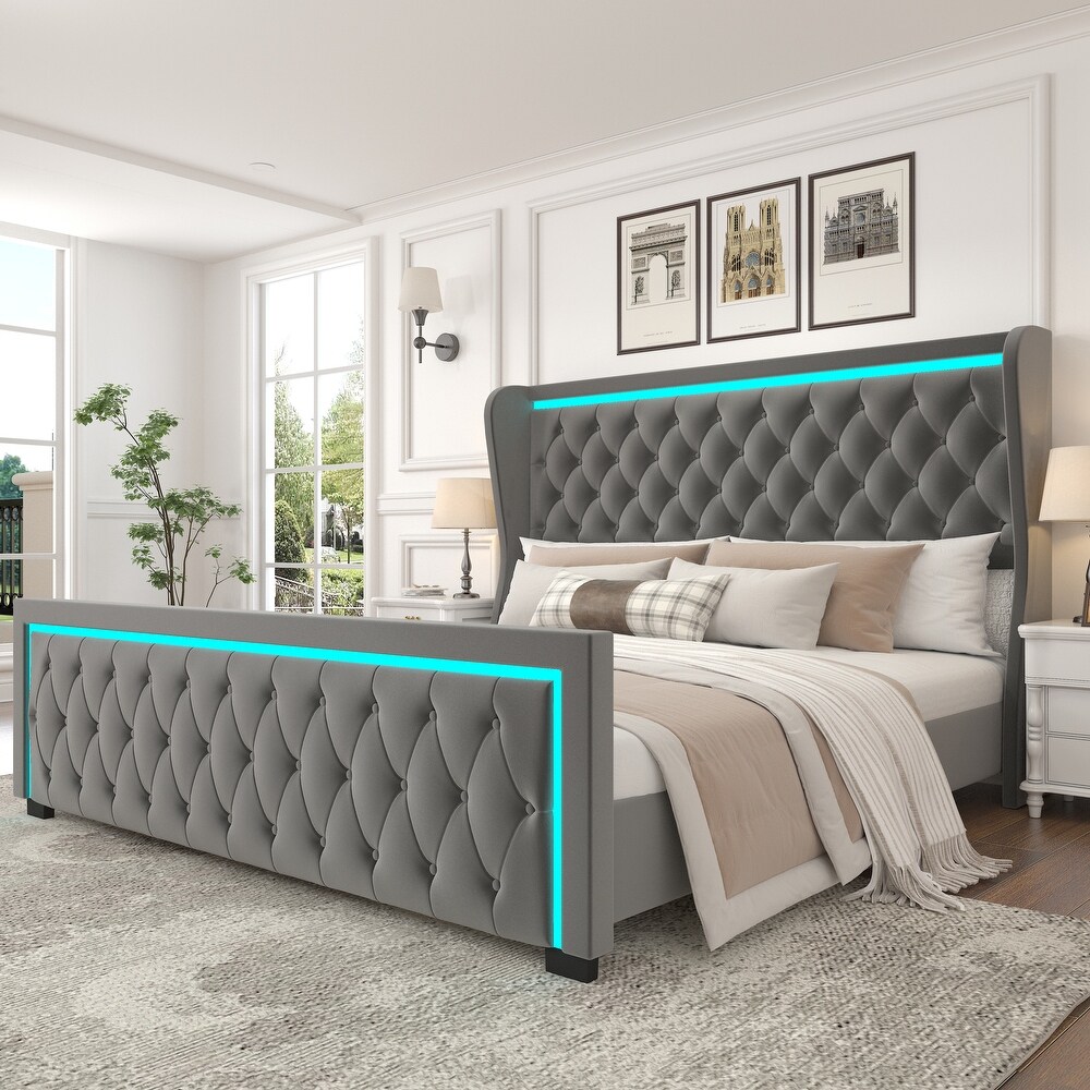 Velvet Wide Wingbacks Platform Bed Frame with Adjustable Colorful LED Light Frame Stitched Button Tufted High Headboard