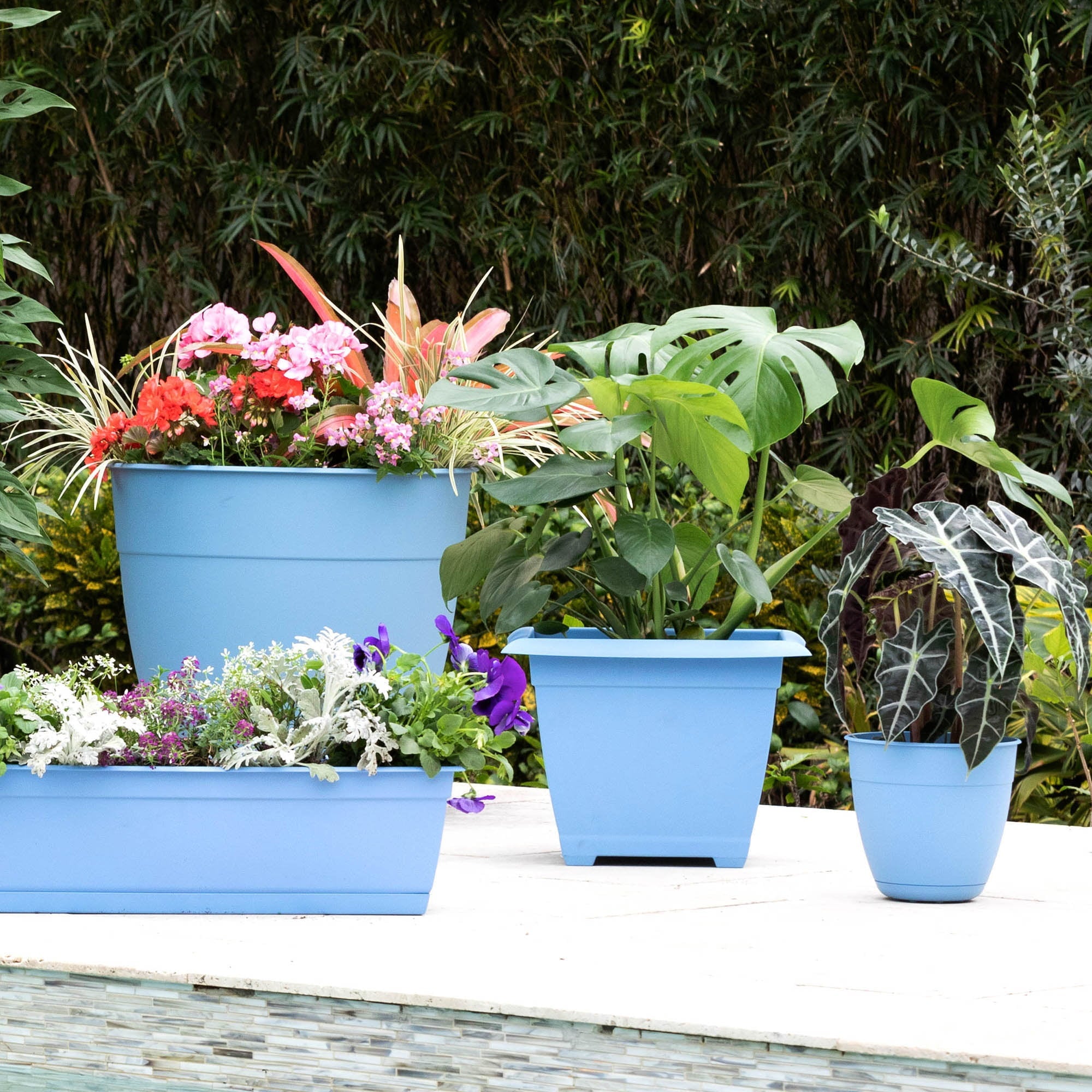 Bloem Dayton Planter With Saucer: 16" - Ocean Blue - 100% Recycled Plastic Pot, Removable Saucer, Elevated Feet, For Indoor and Outdoor Use, Gardening, 8.5 Gallon Capacity