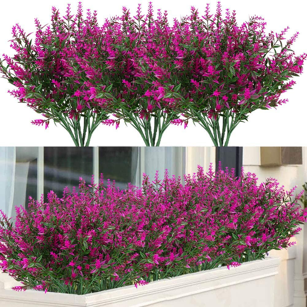 Sinhoon 24 Bundles Outdoor Artificial Lavender Fake Flowers UV Resistant Shrubs, Faux Plastic Greenery for Indoor Outside Hanging Plants Garden Porch Window Box Home Wedding Farmhouse Decor (Fuchsia)