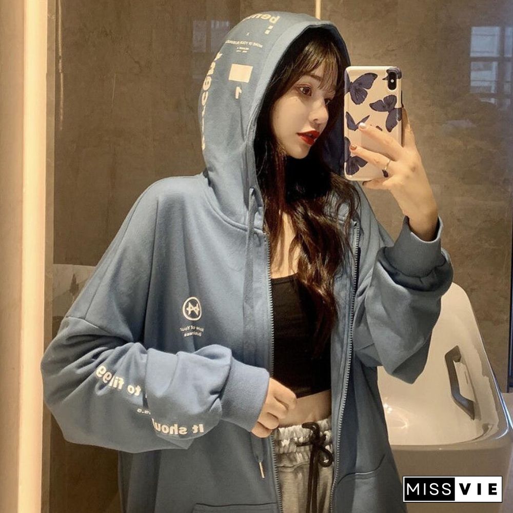 Spring Autumn Women Harajuku Zip Up Hoodies Oversized Loose Korean Version Sweatshirts Cute Kawaii Pocket Jacket Clothing Casual