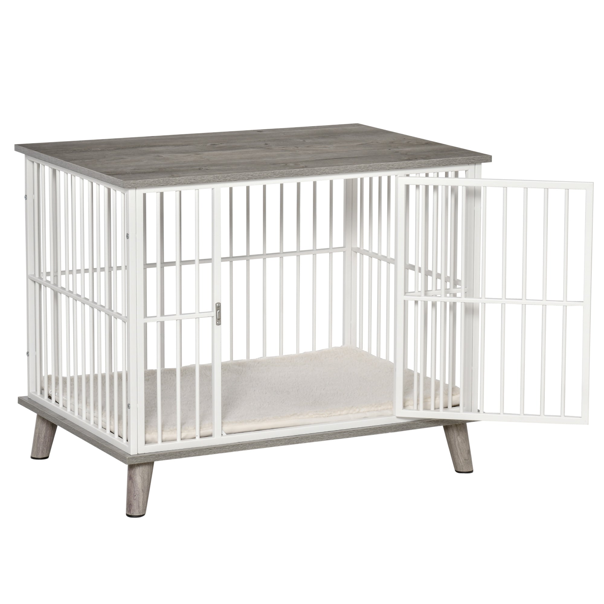 PawHut Furniture Style Dog Cage House w/ Soft Cushion for Small Medium Dog， Grey