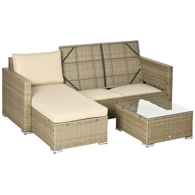 Outsunny 3 Piece Patio Furniture Set Rattan Outdoor Sofa Set With Chaise Lounge amp Loveseat Soft Cushions Storage Table Sectional Couch Khaki