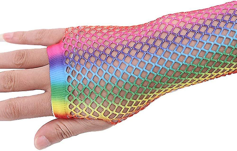 Women's Stretchy Rainbow Gradient Fingerless Fishnet Gloves Costume Party