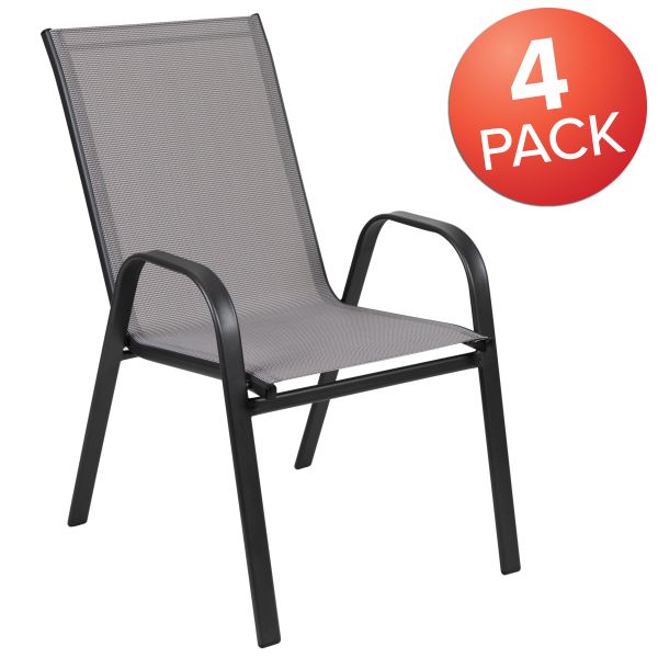 4 Pack Brazos Series Gray Outdoor Stack Chair with Flex Comfort Material and Metal Frame