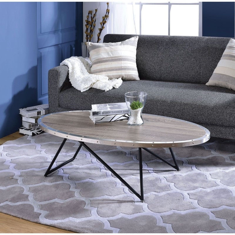 Oval Wooden Coffee Table in Weathered Gray Oak