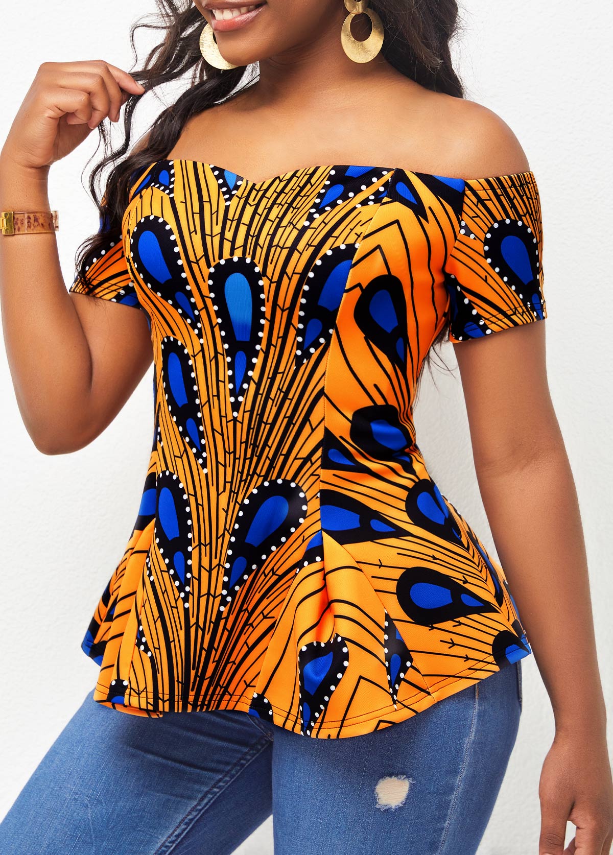 Ginger Peacock Feather Print Off Shoulder T Shirt