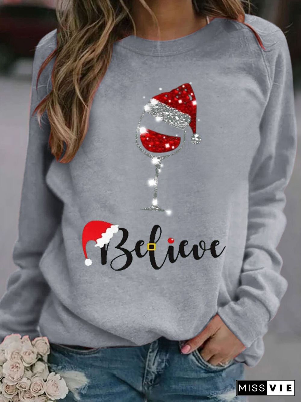 Christmas wine glass print T-shirt