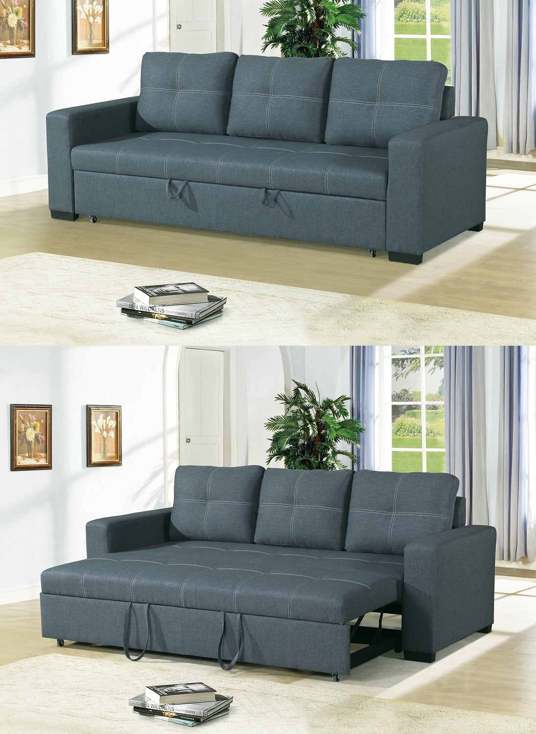 Convertible Sofa Bed Bobkona Living Room Sofa w Pull out Bed Accent Stitching Comfort Couch Blue Grey Polyfiber