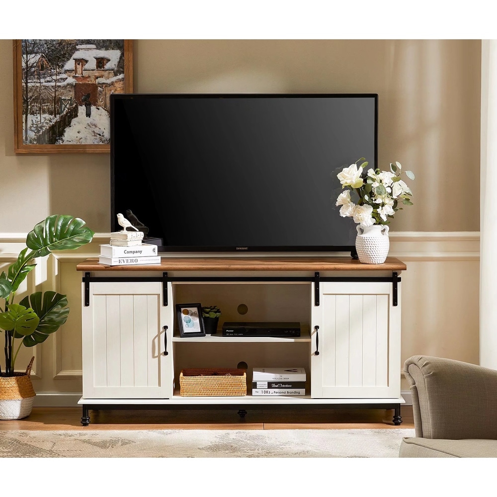 WAMPAT White Modern TV Stand Farmhouse Sliding Barn Door Console Table for TVs Up to 65\