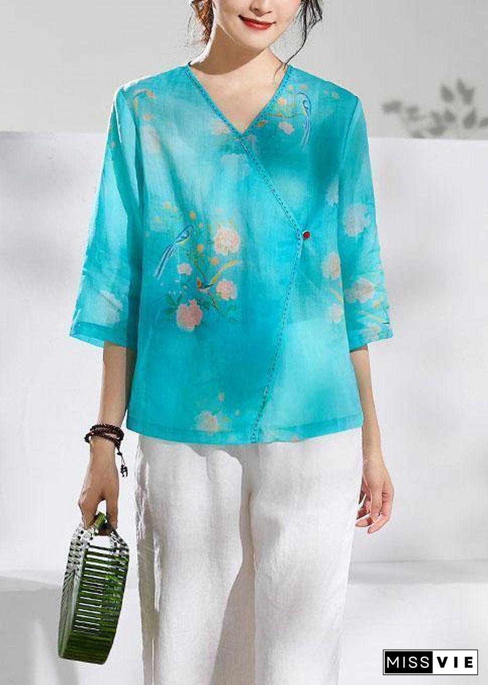 Simple green print linen clothes v neck summer blouses