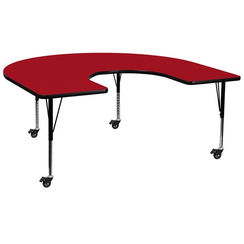 Flash Furniture XU-A6066-HRSE-RED-T-P-CAS-GG Mobile 60''W x 66''L Horseshoe Red Thermal Laminate Activity Table - Height Adjustable Short Legs