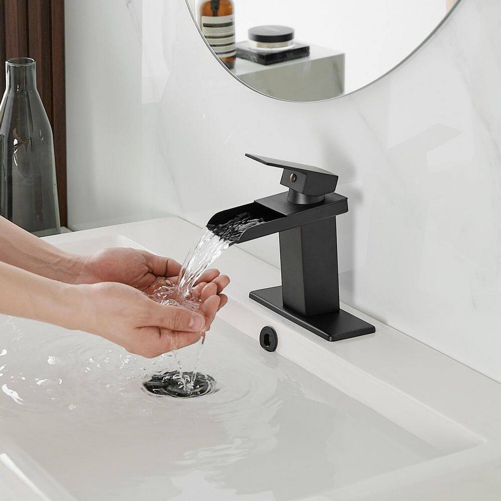 BWE Waterfall Single Hole Single-Handle Low-Arc Bathroom Faucet With Pop-up Drain Assembly in Matte Black A-96009-Black