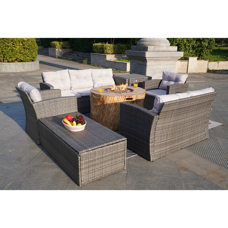 7 Piece Outdoor Wicker Conversation Sofa Set with Fire Pit