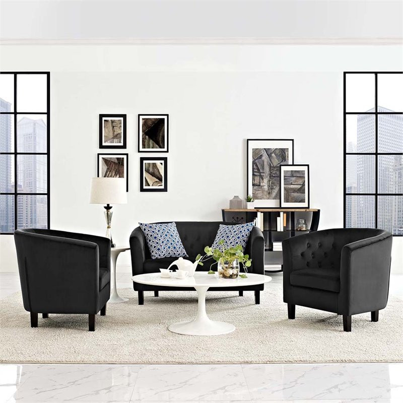 Modway Prospect 3 Piece Modern Tufted Performance Velvet Sofa Set in Black   Transitional   Living Room Furniture Sets   by Homesquare  Houzz