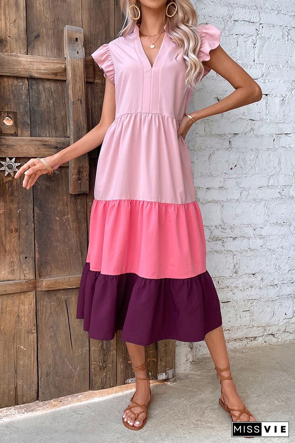 Pink Color Block Flutter Sleeves Tiered Maxi Dress