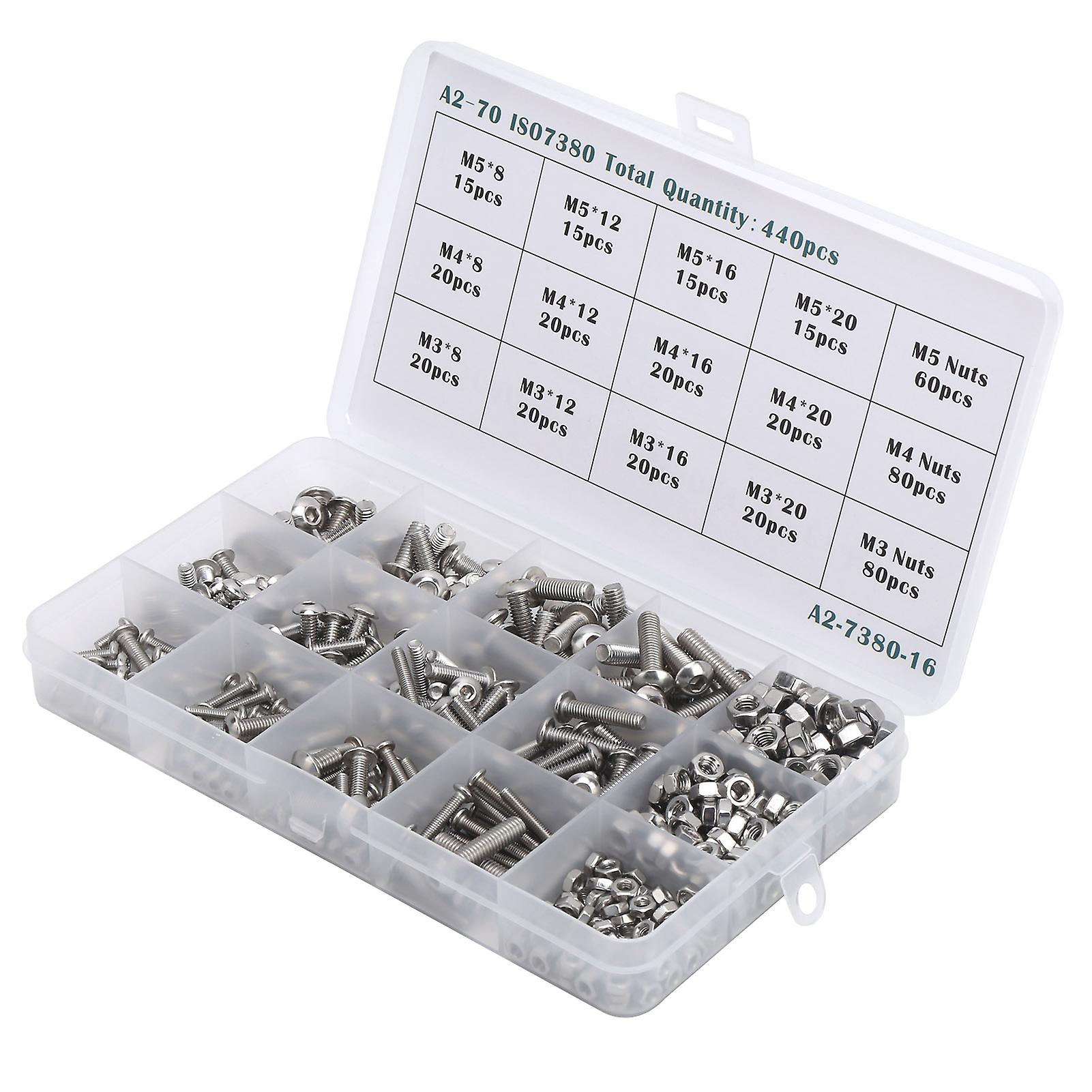 440pcs M3/m4/m5 Hex Socket Screw With Nut Assortment Set Stainless Steel Fastener Hardware