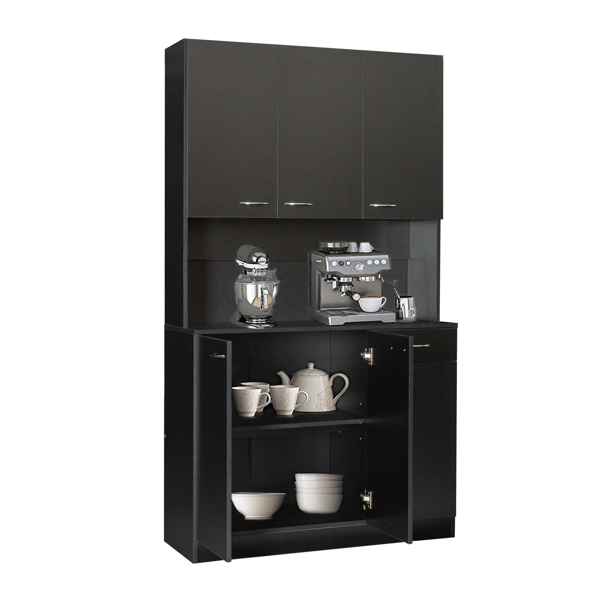 LOAOL Freestanding Kitchen Buffet Hutch Cupboard， Black Finish，Wooden