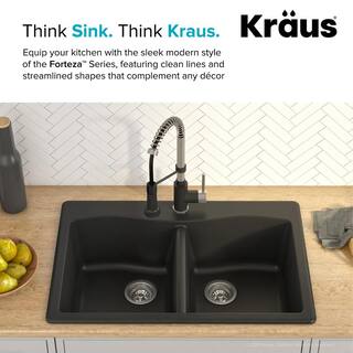 KRAUS Forteza All-in-One Drop-InUndermount Granite Composite 33 in. 1-Hole 5050 Double Bowl Kitchen Sink in Black KGD-52BLACK