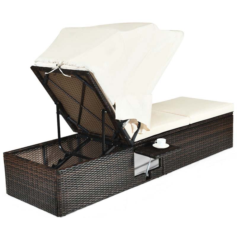 Cushioned Rattan Outdoor Chaise Lounge Chair Sun Lounger 5-Position with Folding Canopy & Flip-up Tea Table