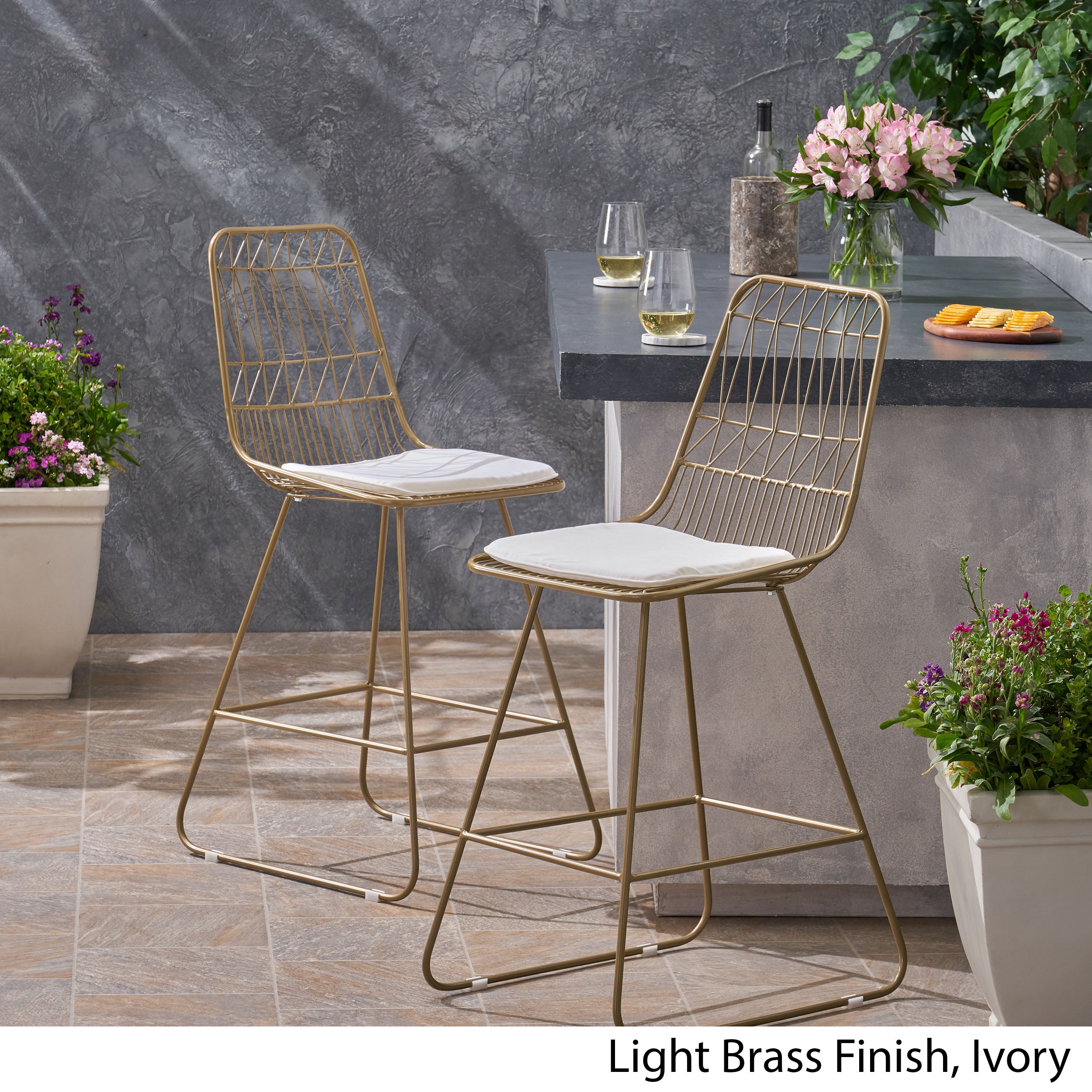 Hedy Outdoor Wire Counter Stools with Cushions (Set of 2)