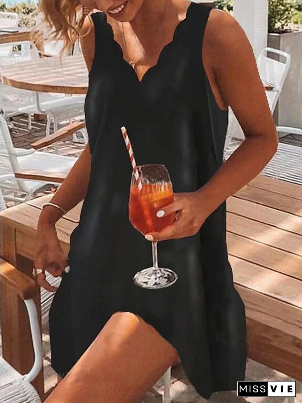 wavy neck little black dress Loosen V Neck Short Sleeve Knit Dress