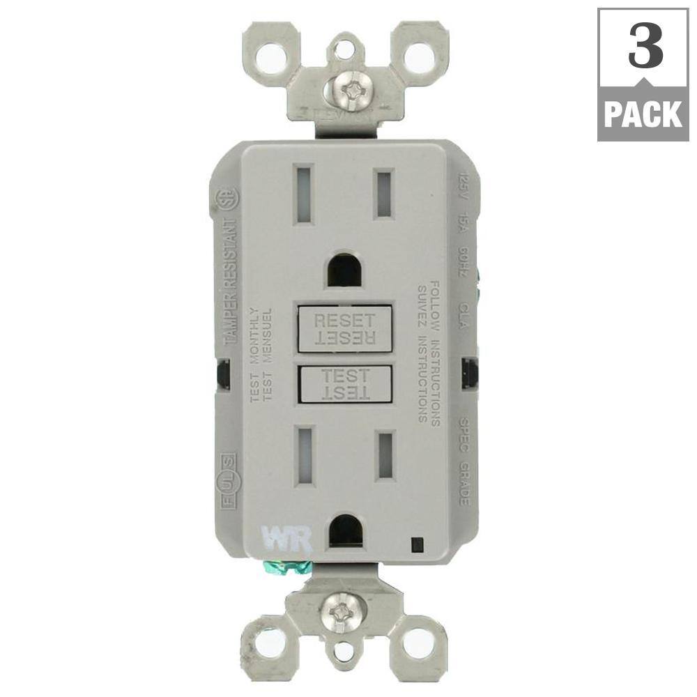 Leviton 15 Amp 125-Volt Duplex Self-Test Tamper ResistantWeather Resistant GFCI Outlet Gray (3-Pack) VG3-GFWT1-HG3