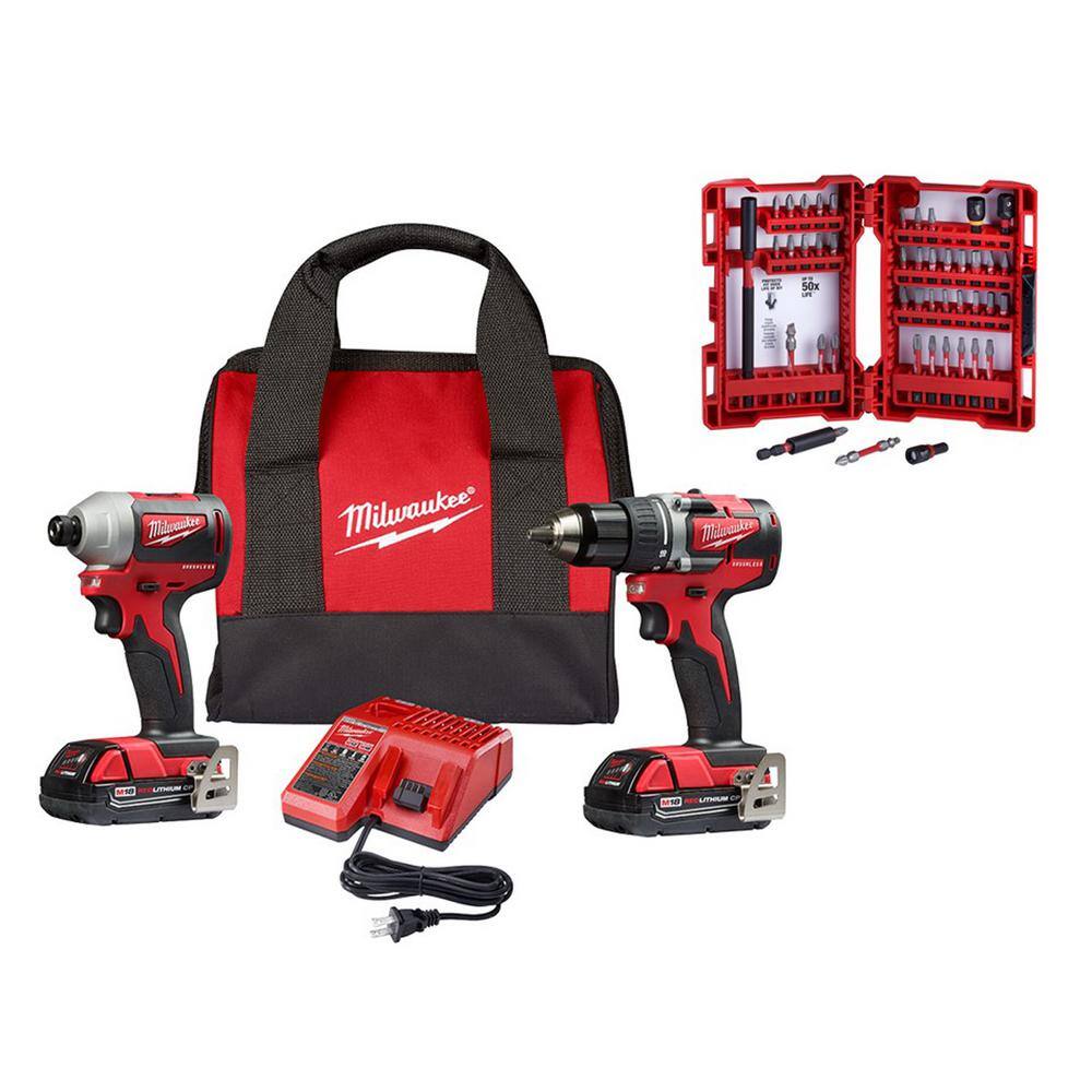 MW M18 18V Lithium-Ion Brushless Cordless Compact DrillImpact Combo Kit (2-Tool) W SHOCKWAVEBit Set (45-Piece) 2892-22CT-48-32-4023