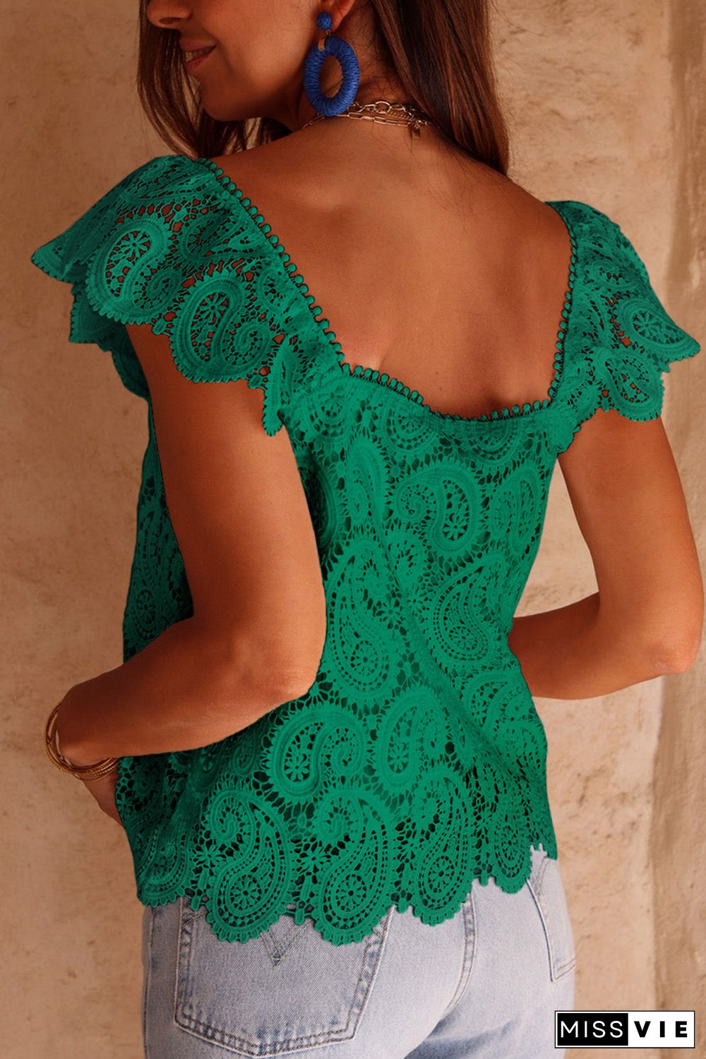 Lace Crochet Ruffled Square Neck Tank Top