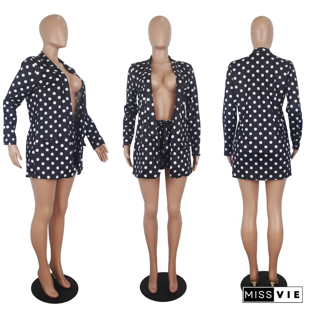 Polka Dot Print Blazer Shorts Office Lady 2 Pieces